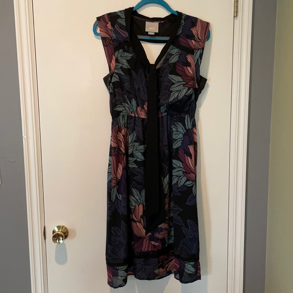 Maeve Black Midi Dress with Purple, Teal, and Rust Floral Print